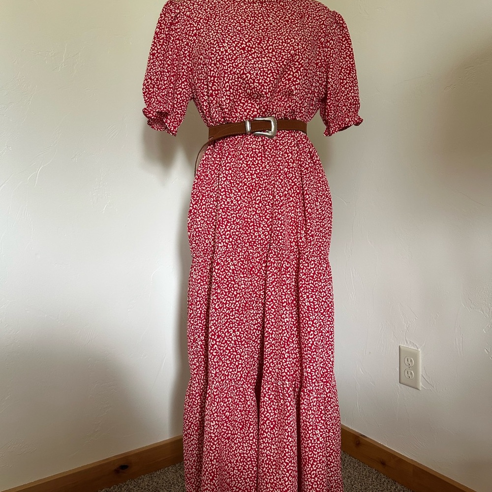 Red and White Tiered Puff Sleeve Maxi Sundress Size L - Picture 6 of 9